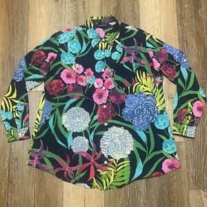 Kikisol Floral Button Down Shirt L Cotton Lightweight Boho Art Tropical Colorful